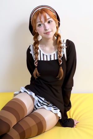 female_solo, full body shot, ((Pippi Longstocking)), long twin braids ,((thigh-high length long stockings with different pairs - one in horizontal stripes and the other in brown )),cute scandinavian girl, large eyes, ((smirk)), red head, freckles,oversized business shoes, sitting with knees closed , dutch angle shot, character focus,Detailedface,photorealistic