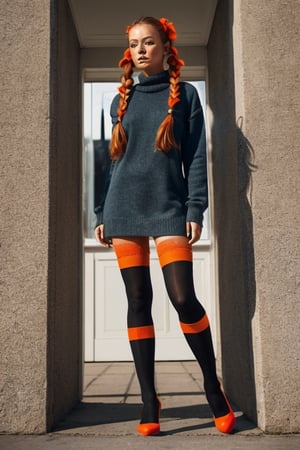 female_solo, full body shot, Pippi Longstocking, long twin tails,((thigh-high length long stockings with different colors - one in border and the other in orange)),scandinavian girl, freckles,oversized business shoes, character focus,Detailedface,photorealistic