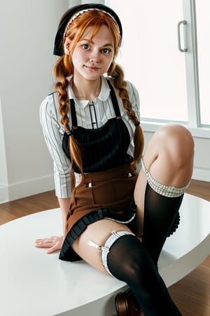 female_solo, full body shot, ((Pippi Longstocking)), long twin braids ,((thigh-high length long stockings with different pairs - one in horizontal stripes and the other in brown )),cute scandinavian girl, large eyes, ((smirk)), red head, freckles,oversized business shoes, sitting with her knees closed , dutch angle shot, character focus,Detailedface,photorealistic