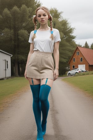 female_solo, full body shot, Pippi Longstocking, long twin tails,((thigh-high length long stockings with odd colors)),scandinavian girl, freckles,character focus,