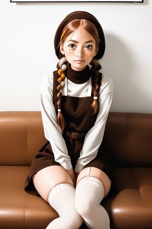 female_solo, full body shot, Pippi Longstocking, long twin braids,((thigh-high length long stockings with different colors - one in border and the other in brown )),cute scandinavian girl, large eyes, smirk, freckles,oversized business shoes, sitting with cross-legged , character focus,Detailedface,photorealistic