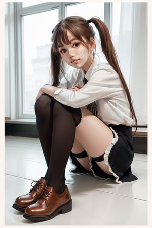 female_solo, full body shot, Pippi Longstocking, long twin tails,((thigh-high length long stockings with different colors - one in border and the other in brown )),cute scandinavian girl, large eyes, smirk, freckles,oversized business shoes, sitting with folding knees, character focus,Detailedface,photorealistic