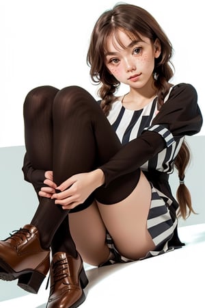 female_solo, full body shot, Pippi Longstocking, long twin braids ,((thigh-high length long stockings with different pairs - one in horizontal stripes and the other in brown )),cute scandinavian girl, large eyes, smirk, freckles,oversized business shoes, sitting with folding knees, dutch angle shot, character focus,Detailedface,photorealistic