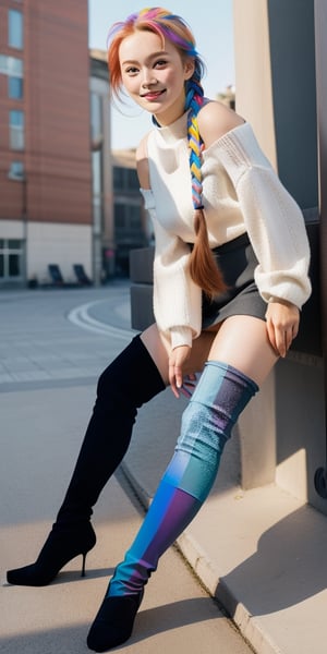 girl_solo, full body shot, Pippi Longstocking, long twin braids ,((thigh-high length long stockings with odd colors:1.2)),oversized business shoes, ((smirk)), cute Scandinavian girl, dynamic posing, freckles,character focus,detailed face, detailed eyes, high resolution photo,beautiful nod_woman