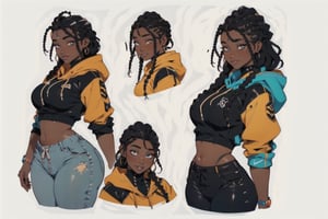 4k,best quality,masterpiece,20yo 1girl,(cropped sweatshirt),(demin pant), alluring smile, oversized hood,
(Beautiful and detailed eyes),
Detailed face, detailed eyes, double eyelids, real hands, (curvy body:1.2), (ebony skin:1.5), ((braided hair:1.2)), black hair


real person, color splash style photo,
