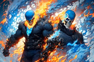 4K UHD illustration,  upscaled professional drawing HDR, Handsome Men, firemen, Pectoral Focus, wearing skull theme helmet (:1.9) , coming from burning forreet, real life, sweat on the chest with hot flame breathe (:1.9) holding an axe (:1.9) intense yellow eyes,  detailed muscular arms,  male focus,  full-body_portrait (:1.9) perfect anatomy,  perfect hands, form fitting flame themed bodysuit (:1.9) 300dpi,  upscaled 8K,  masterpiece (:1.9) finest quality art,  ,ghostrider,ProtoUserX the new ghost rider after losing his family,r1ge,((blue fire:1.5))