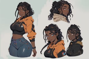 4k,best quality,masterpiece,20yo 1girl,(cropped sweatshirt),(demin pant), alluring smile, oversized hood,
(Beautiful and detailed eyes),
Detailed face, detailed eyes, double eyelids, real hands, (curvy body:1.2), (ebony skin:1.5), ((braided hair:1.2)), black hair


real person, color splash style photo,
