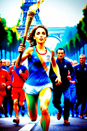 masterpiece, best quality, High detailed,  Paris Olympics, torch relay, a girl running along the road, Crowd