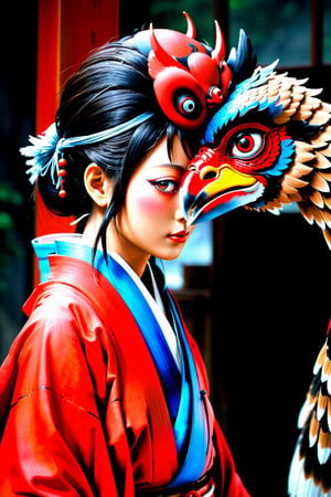 masterpiece, best quality, High detailed,  tengu meets a girl