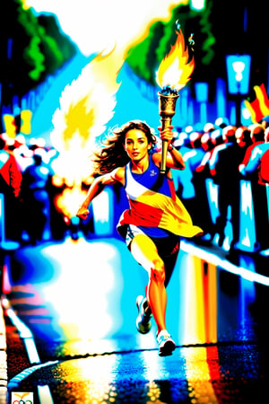 masterpiece, best quality, High detailed,  Paris Olympics, torch relay, a girl running along the road, Crowd