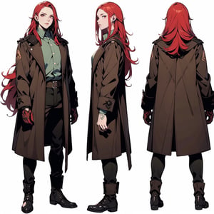 ((masterpiece)),((best quality)), 8k, high detailed, ultra-detailed 

BREAK

A very old man wearing a long brown coat, trousers with suspernders, a strip green shirt and boots. ((red hair:1.1)), long hair, gray eyes, is skinny and has a robot arm. Full body. Steampunk