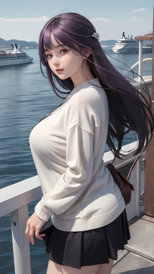 masterpiece, best quality, absurdres, perfect anatomy, 1girl, solo, FernFrieren, very long hair, purple eyes, ,white sweater,  long sleeves,mini_skirt , outdoors, harbor, large breasts, ,FernFrieren.upper body.,perfect.plump.cruise ship.seagull.looking at viewer.