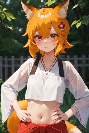masterpiece, best quality, highly detailed, sen, animal ears, fox ears, fox girl, fox tail, hair flower, hair ornament, orange eyes, orange hair, short hair, tail, blush, looking at viewer, petite, girl, upper body,sen, animal ears, fox ears, fox girl, fox tail, hair flower, hair ornament, orange eyes, orange hair, short hair, tail, outdoors, hands on hip, small breasts, midriff, detailed hands