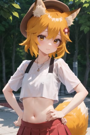 masterpiece, best quality, highly detailed, sen, animal ears, fox ears, fox girl, fox tail, hair flower, hair ornament, orange eyes, orange hair, short hair, tail, blush, looking at viewer, petite, girl, upper body, hat, crop top, miniskirt, outdoors, hands on hip, small breasts, midriff, detailed hands