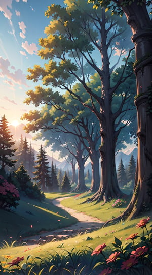 at the end of the forest there is a hill and the sun rises in the morning, trees, beautiful natural scenery, flowers, no_human, masterpieces.