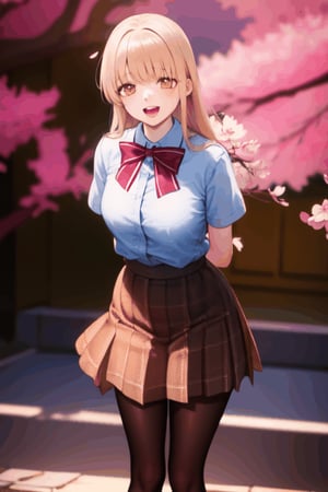 masterpiece, best quality, highres, aamahiru, long hair, red bowtie, white shirt, short sleeves, plaid skirt, brown skirt, pantyhose, , standing, cowboy shot, leaning forward, arms behind back, outdoors, cherry blossoms, smile, open mouth.