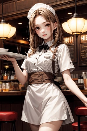 1girl, ((light brown medium length hair)), ((brown eyes)), ((waitress)), ((pale skin)), cute