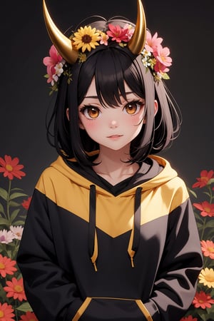 1girl with black hair, flowers on head, pale skin, cute, brown eyes, golden horns, cute, black oversized hoodie