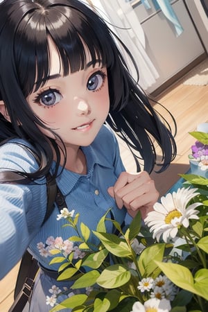 1girl, solo, long hair, looking at viewer, smile, bangs, shirt, black hair, upper body, flower, parted lips, striped, indoors, blunt bangs, black eyes, blue shirt, striped shirt, blinds