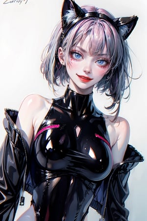 1girl, animal ears, bangs, blush, bodysuit, breasts, closed mouth, fake animal ears, gloves, headphones, headset, impossible clothes, latex body suit,jacket, medium breasts,short hair, long sleeves, looking at viewer, pink bodysuit, pink eyes, city background, skin tight, smile, solo, upper body, , white background, white gloves, white hair,(masterpiece:1.4),(best quality:1.4),(shiny skin),realistic,SharpEyess, mid driff, naked_thighhighs,LUCY (CYBERPUNK),ZGirl, bare shoulder, from below
