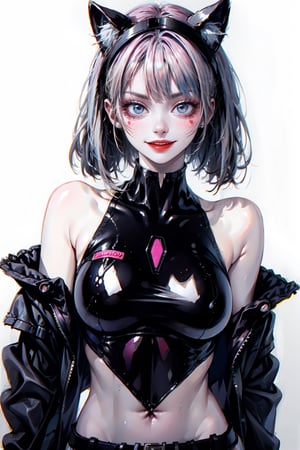 1girl, animal ears, bangs, blush, bodysuit, breasts, closed mouth, fake animal ears, gloves, headphones, headset, impossible clothes, latex body suit,jacket, medium breasts,short hair, long sleeves, looking at viewer, pink bodysuit, pink eyes, city background, skin tight, smile, solo, upper body, , white background, white gloves, white hair,(masterpiece:1.4),(best quality:1.4),(shiny skin),realistic,SharpEyess, mid driff, naked_thighhighs,LUCY (CYBERPUNK),ZGirl, bare shoulder, full body