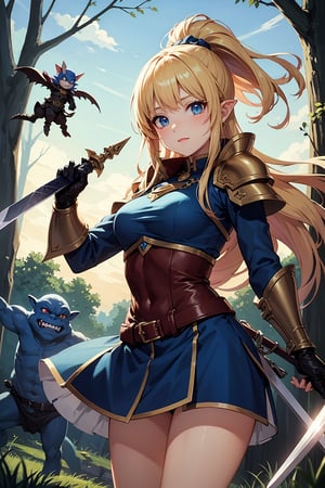 Masterpiece, Top Quality, Ultra High Definition, Maximum Resolution, Very Detailed, Professional Lighting, Anime, Cowboy Shot, 1 Girl, Slender, Very Cute, Young Face, Armoured Dress, Blue and White Armor, Golden Decoration, (Holding a Great Sword: 1.1), Blonde Hair, Blue Eyes, In Combat, (Multiple Goblins: 1.5), Attacking Goblins, Into the Woods