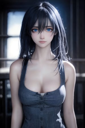 Best quality, masterpiece, ultra high res, (photorealistic:1.37), final fantasy styles, a young and serious woman, long black dark hair in the wind, blue eyes, detailed eyes and face, perfect anatomy. Medium round breast. perfect fingers. work cloths with intricate details, dynamic lighting, in the dark, deep shadow, low key, cinematic image,bright city, floting city on the background. 