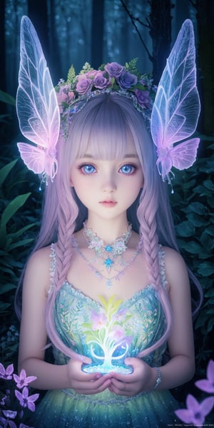 HDR, Ultra detailed illustration of a girl in a magical world full of wonders forest, unique luminous flora, highly detailed, pastel colors, digital art, art by Mschiffer, night, dark, grey bioluminescence, (darkness background:1.2), 1girl, white skin, pale skin, medium shot, details face, details eyes, big eyes, young and serious girl, 
