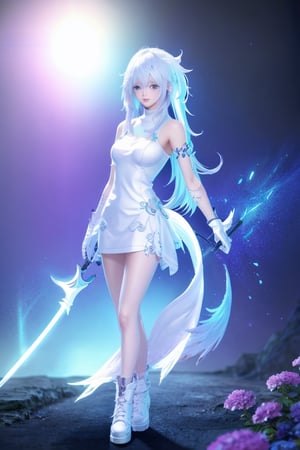 Full body Beautiful final fantasy style girl, clean detailed faces, intracate clothing, analogous colors, glowing shadows, beautiful gradient, depth of field, clean image, high quality, high detail, high definition, Luminous Studio graphics engine