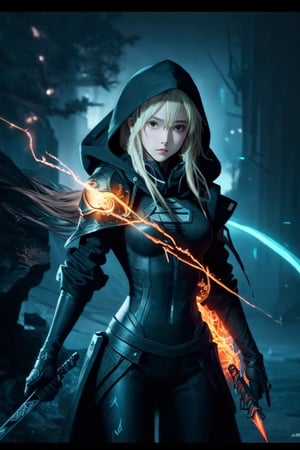 masterpiece, Rogue assassin girl, wearing a hood, blonde hair, shrouded in shadows, holding a flaming dagger in each hand, vibrant glowing abyssal colors, entirely in frame, FULL BODY, radiating electrical energy, shoulder length messy hair, Full body, Beautiful anime waifu style girl, hyperdetailed painting, luminism, art by Carne Griffiths and Wadim Kashin concept art, 8k resolution, fractal isometrics details bioluminescence , 3d render, octane render, intricately detailed , cinematic, trending on art station Isometric Centered hyper realistic cover photo awesome full color, hand drawn , gritty, realistic, intricate, hit definition , cinematic, Rough sketch, bold lines, on paper, vibrant, epic, ultra high quality model