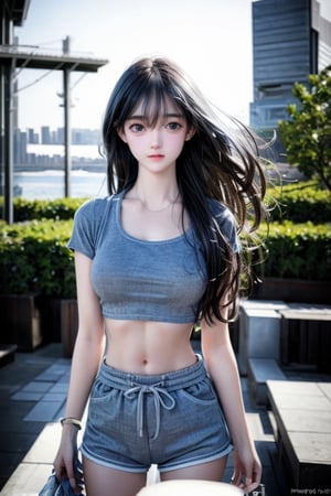 (medium full shot:1.4), Best quality,  masterpiece,  ultra high res,  (photorealistic:1.37),  raw photo,  a young girl named Nancy,  17 year old,  long hair in the wind,  grey eyes,  detailed eyes and face,  perfect pose, waist, blue short pants, crop top,   dynamic lighting,  in the dark,  deep shadow,  low key,  cinematic image, bright city,  floting city on the background., 
