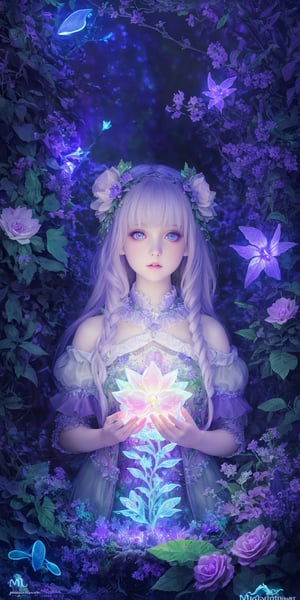 HDR, Ultra detailed illustration of a girl in a magical world full of wonders forest, unique luminous flora, highly detailed, pastel colors, digital art, art by Mschiffer, night, dark, grey bioluminescence, (darkness background:1.2), 1girl, white skin, pale skin, medium shot, details face, details eyes, big eyes, 
