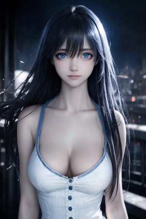 Best quality, masterpiece, ultra high res, (photorealistic:1.37), final fantasy styles, a young and serious woman, long black dark hair in the wind, blue eyes, detailed eyes and face, perfect anatomy. Medium round breast. perfect fingers. work cloths with intricate details, dynamic lighting, in the dark, deep shadow, low key, cinematic image,bright city, floting city on the background. 