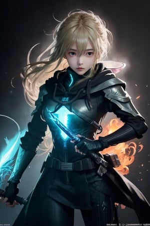 masterpiece, Rogue assassin girl, wearing a hood, blonde hair, shrouded in shadows, holding a flaming dagger in each hand, vibrant glowing abyssal colors, entirely in frame, FULL BODY, radiating electrical energy, shoulder length messy hair, Full body, Beautiful anime waifu style girl, hyperdetailed painting, luminism, art by Carne Griffiths and Wadim Kashin concept art, 8k resolution, fractal isometrics details bioluminescence , 3d render, octane render, intricately detailed , cinematic, trending on art station Isometric Centered hyper realistic cover photo awesome full color, hand drawn , gritty, realistic, intricate, hit definition , cinematic, Rough sketch, bold lines, on paper, vibrant, epic, ultra high quality model