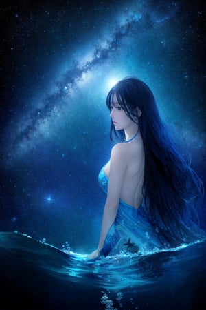 an underwater diver looking at the stars from the water,beautiful,4k hd,masterpiece,Wlop,very long hair,night sky,starry jnightsky,detailed backgrouynd,detailed anatomy,detailed face,detailed factions