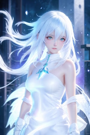 medium full shot of body,  a beautiful final fantasy style girl, (white hair), fair skin,  clean detailed faces, intracate clothing, analogous colors, glowing shadows, beautiful gradient, depth of field, clean image, high quality, high detail, high definition, Luminous Studio graphics engine