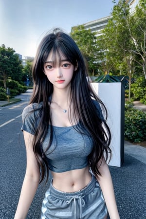 (medium full shot:1.4), Best quality,  masterpiece,  ultra high res,  (photorealistic:1.37),  raw photo,  a young girl named Nancy,  17 year old,  long hair in the wind,  grey eyes,  detailed eyes and face,  perfect pose, waist, blue short pants, crop top,   dynamic lighting,  in the dark,  deep shadow,  low key,  cinematic image, bright city,  floting city on the background., 
