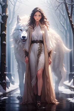 photorealistic,realistic,photography,masterpiece,best quality,ultra-detailed,long black hair,1girl,dress,wolf,forest,snowing,,