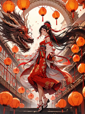 ink,HEZI,Chinese New Year elements,Oriental Dragon and Maiden,Chinese Knot,wallpaper,HD,flat illustration,flat illustration,best quality,masterpiece,(Lanterns in the background:1.5),looking at viewer,female focus,black hair,red skirt,Hanfu,profile,Night Market,brightly lit,white shoes,wide shot,color guide,simple background,full body,negative_hand,Up view,close up,happy and runing,Smile,delicate facial features,red background,a small number of red lanterns,Chinese elements with firecrackers around and fireworks in the background,,