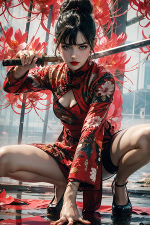 xuer ai yazawa style girl,1girl,solo,black hair,chinese clothes,holding weapon,holding,blue eyes,dress,katana,china dress,squatting,hair bun,thigh strap,looking at viewer,high heels,single hair bun,long sleeves,spider lily,flower,full body,closed mouth,lips,blue dress,sheath,hair ornament,side slit,black footwear,o-ring,fighting stance,jewelry,earrings,disgust,A mature face,sideways glance,(cold attitude,eyeshadow,eyeliner:0.9),(red lips:1.3),watery eyes,