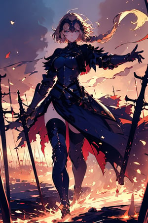 a stunning art,abstract,flowery,predominantly white,dynamic pose,centered,key visual,intricate,highly detailed,breathtaking beauty,precise lineart,vibrant,comprehensive,cinematic,xuer Jeanne D Arc,(Attacking posture:1.3),,