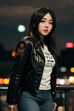 centered, photorealistic, analog photography, photography, upper body, upper body portrait, standing, (detailed face), (beautiful detailed eyes:1.2), | solo, woman, black open leather jacket, tight jeans, | city, urban scenery, night time, | bokeh, depht of field, | hyperealistic shadows, smooth detailed, blurred background | ,kimikomiyav01,realism