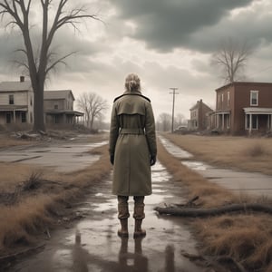 post apocalyptic scene of a small town in the midwest USA, woman wearing a coat and pants facing away, showing mother nature retaking what is hers.


