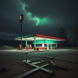 abandoned decaying 1950's gas station at night, very slight green glow from the windows, low angle shot, debris flying around, scary atmosphere, single light hanging from a pole casting eerie shadows, bigfoot standing on the roof with red glowing eyes, thunderstorm in the background