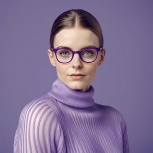 Full portrait high-end models, editorial photo from magazine photo by Anne Geddes. Smooth pale skin, sleek streamlined design, style of 3D, model photograph, high-resolution print in purple and lavender, minimalist.Rebulia,18 years old glasses woman