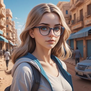 8k wallpaper of a beautiful anime girl in the streets of a city in the Western Sahara, by artgerm, intricate detail, trending on artstation, 8k, fluid motion, stunning shading ,Rebulia,18 years old glasses woman,Rebulia,bad quality image