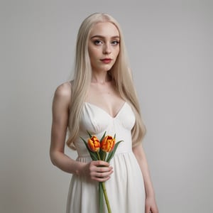 portrait photo, beautiful girl, white colored long hair, pale skin, other-worldly beauty, thick eyebrows, big eyes, albino, white closed dress, holding a black tulip flower, realistic, shot subject of three quarters white background, neutral studio light, hyper realistic