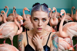 surreal high key photo of a young goth tattooed woman with minnow eyes surrounded by iridescent flamingoes, soft natural light, soft pastel colors, kitsch aesthetics, by Martin parr