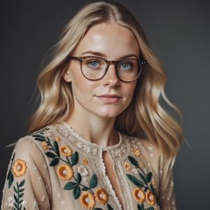 Beautiful blonde woman with freckles, wearing a detailed embroidered dress, stunning 8k fashion photo, tan skin.Rebulia,18 years old glasses woman,Rebulia