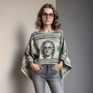 Ultra realistic full body photo of petite italian female model modeling upscale very artistic dolman sleeve money nspired outfit with intricate details in swiss alpsRebulia,18 years old glasses woman,Rebulia,bad quality image